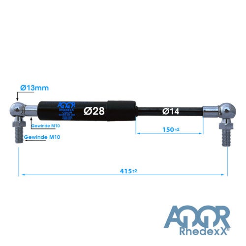 Rhedexx Gasfeder, Durchmesser 28 Millimeter, Hub 150 Millimeter, Gesamtlänge 415 Millimeter, M10 Gewinde. Rhedexx Logo.
