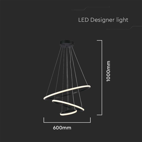 LED-Designleuchte mit drei Ringen und einer Höhe von 1000 mm und einer Breite von 600 mm.