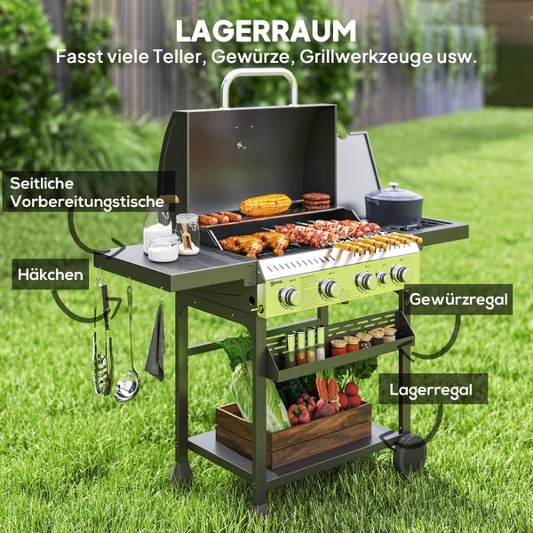 Outsunny Gasgrill 12 KW 4+1 Brenner BBQ Grillwagen aus Edelstahl inkl Seitenbrenner Thermometer Grillrost Kochfeld Flaschenöffner Seitenablagen Gas-Grill für Balkon Camping 135 x 55 x 103cm