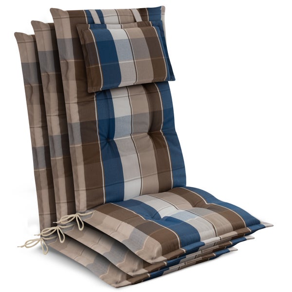 Blau, braun und beige karierte Hochlehner-Auflage mit integriertem Kopfpolster und Haltebändern.