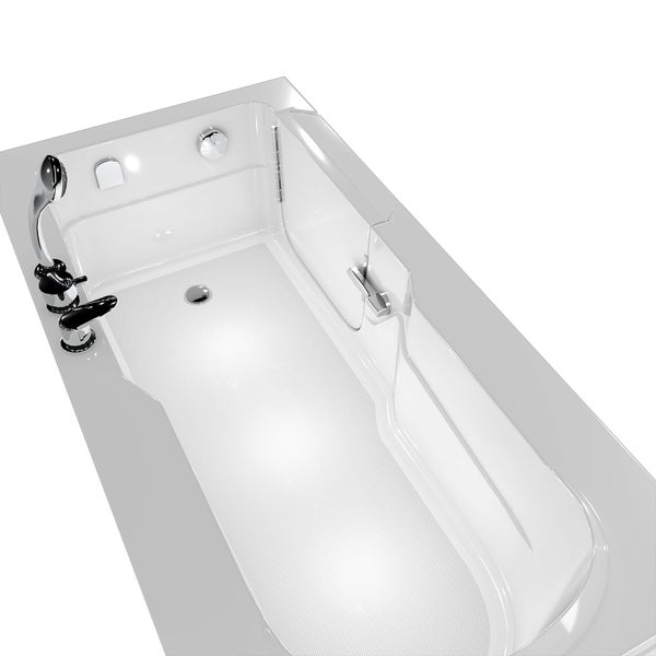 Badezimmer-Szene mit Badewanne mit Duschabtrennung, Armaturen und Ablaufgarnitur