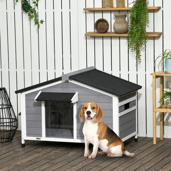 Hundehütte aus Holz mit einem Beagle davor