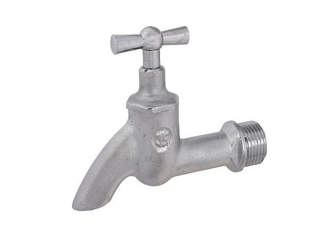 Auslaufventil aus Metall mit Knebelgriff und Außengewinde.