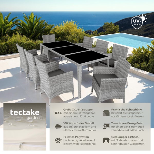 Rattan Sitzgruppe tectake Menorca 2 Bezugssets, inklusive Schutzhülle mit Aluminiumgestell hellgrau