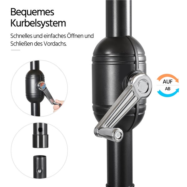 Detailansicht eines Sonnenschirmständers mit Kurbelmechanismus zum Öffnen und Schließen des Schirms