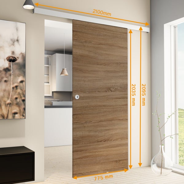 Schiebetür mit Holzoptik und Maßangaben in einer Wohnraumdarstellung.