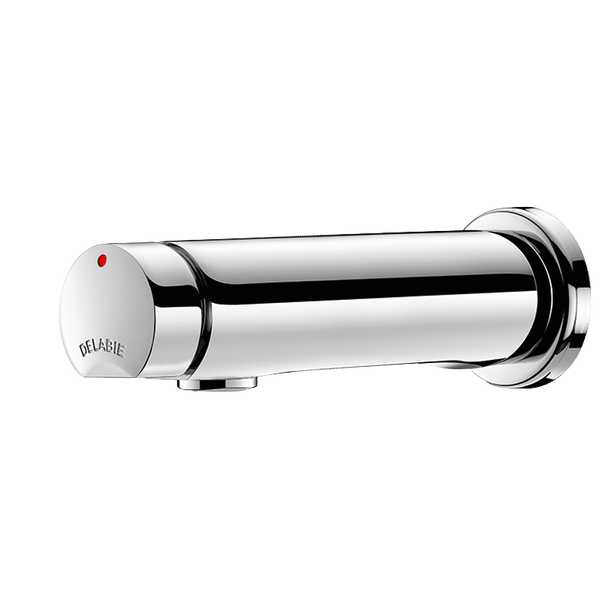 Elektronische Wand-Waschtischarmatur von Delabie aus verchromtem Metall mit integriertem Sensor.
