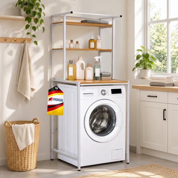 Waschmaschinenregal mit Metallrahmen und Holzregalböden zur Aufbewahrung von Waschutensilien im Badezimmer inklusive Proregal Logo