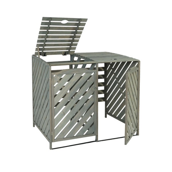 Mülltonnenbox aus Holz mit offener Tür und geöffnetem Deckel