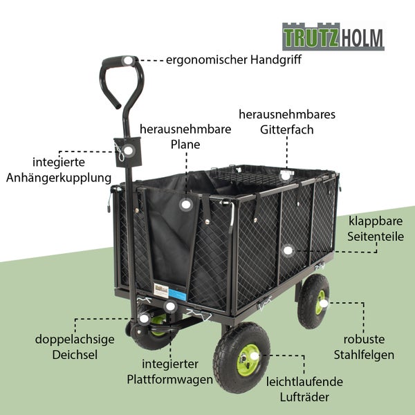 Tragbarer Bollerwagen mit Doppelachse, Stahlfelgen, Lufträdern, klappbaren Seitenteilen und ergonomischem Handgriff