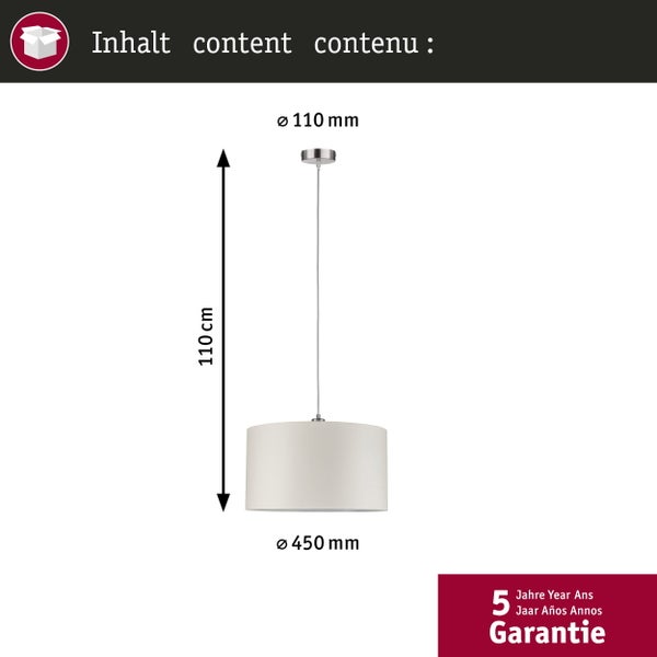 Pendelleuchte mit zylindrischem Schirm, Höhe 110 Zentimeter, Durchmesser 450 Millimeter, Baldachin 110 Millimeter, 5 Jahre Garantie.