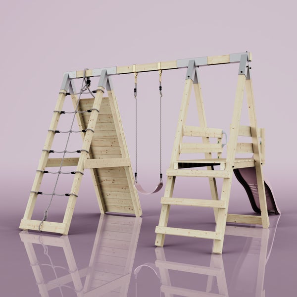 Holzspielgerät für Kinder mit Kletterwand, Seilnetz, Schaukel, Leiter und Rutsche.
