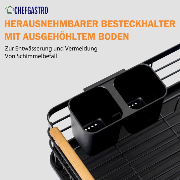 CHEFGASTRO Abtropfgestell Geschirr | HxBxT 14x42x30cm | Stahl/Holz | mit Besteckhalter & Abtropfbrett, Geschirrabtropfgestell Abtropfständer