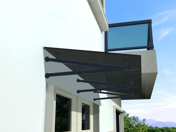 BuyLando (3V) 230x90 cm Grauglas Glasvordach inkl. Edelstahlhalter RAL 7016