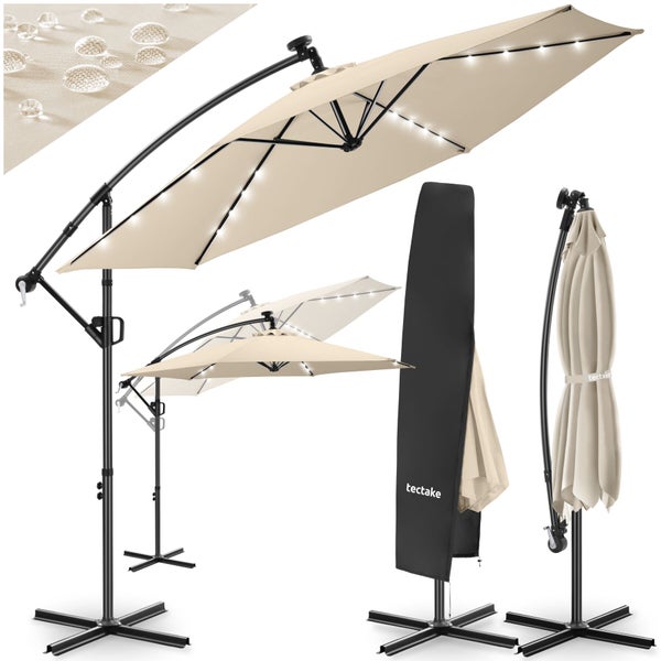 Ampelschirm mit LED-Beleuchtung, wasserabweisendem Stoff, Kurbel, Standkreuz und Schutzhülle.