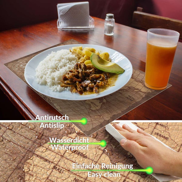 Tischset mit Weltkarten-Motiv, rutschfeste Unterseite, wasserdicht und leicht zu reinigen, Anwendung auf Holztisch dargestellt.