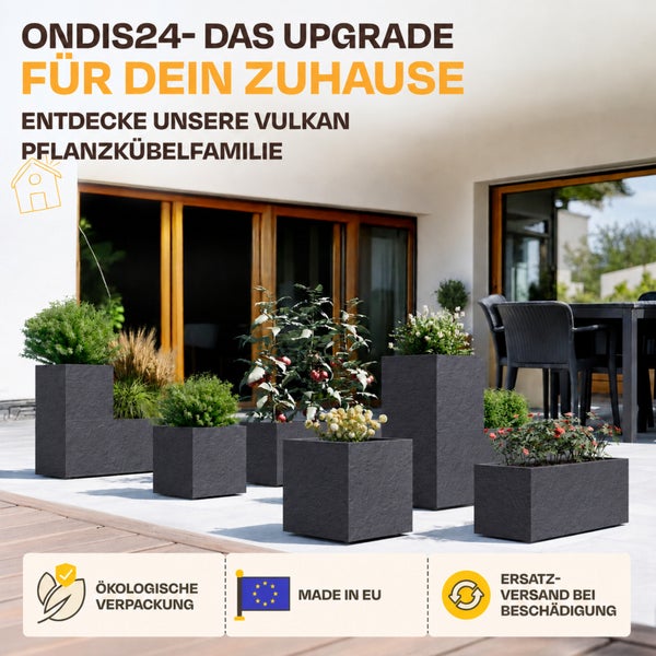 Helle Terrasse mit Ondis24 Vulkan Pflanzkübeln in Anthrazit, Symbole für ökologische Verpackung und Herstellung in der Europäischen Union.