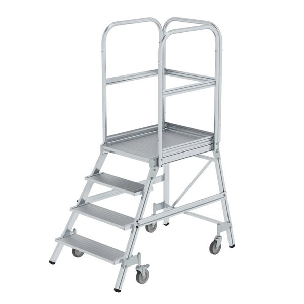 PROREGAL Podesttreppe Einseitig Begehbar Mit Federrollen Aluminium Geriffelt 4 Stufen Rutschsichere Leiterschuhe