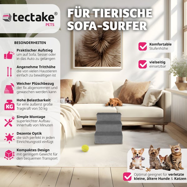 Haustiertreppe tectake Paw Path pflegeleicht, 37 x 45 x 34,5 cm für Hunde und Katzen grau
