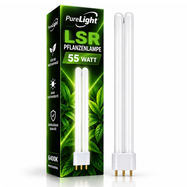PureLight LSR Pflanzenlampe 55 Watt mit 6400 Kelvin für die Wuchsphase neben der Produktverpackung.