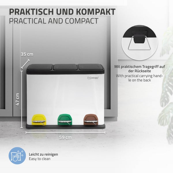 ML-Design Mülleimer Küche 3x 15L (45L), Weiß, Mülltrennsystem 3 Fächer, Treteimer zur Mülltrennung, Abfalleimer aus Stahl mit Inneneimer aus Kunststoff & Klappdeckel, farblicher Kennzeichnung