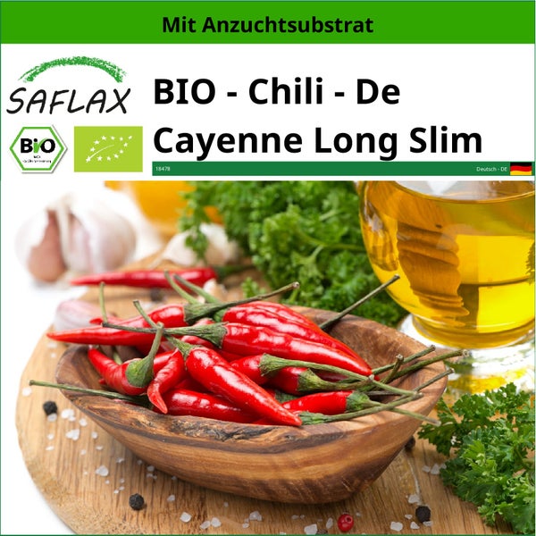 SAFLAX  - BIO - Chili - De Cayenne Long Slim - Capsicum annuum - 10 Samen - Mit keimfreiem Anzuchtsubstrat