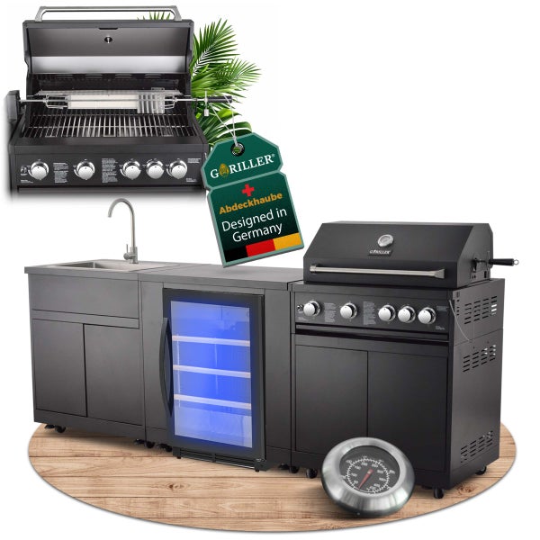 Goriller Außenküche mit 4-Brenner-Gasgrill, Spüle, Kühlschrank mit Glastür, Drehspieß, Abdeckhaube und Thermometer. Designed in Germany.
