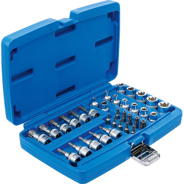 Steckschlüsselsatz mit verschiedenen Bits in blauem Koffer