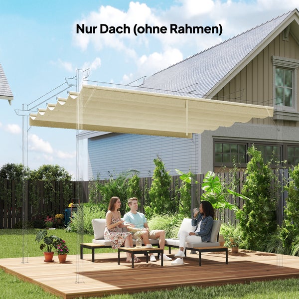 Beiges Ersatzdach für Pergola über einer Holzterrasse mit Gartenmöbeln und drei Personen, Gestell ist nicht im Lieferumfang enthalten.