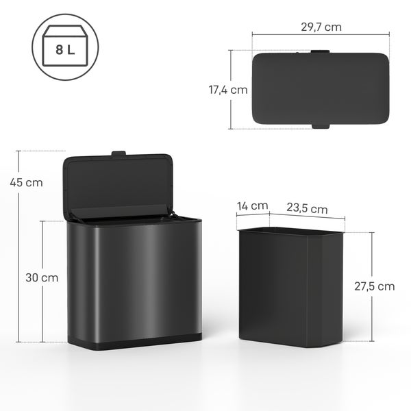 Abfallbehälter mit den Maßen 45 cm Höhe, 29,7 cm Breite und 8 Liter Fassungsvermögen