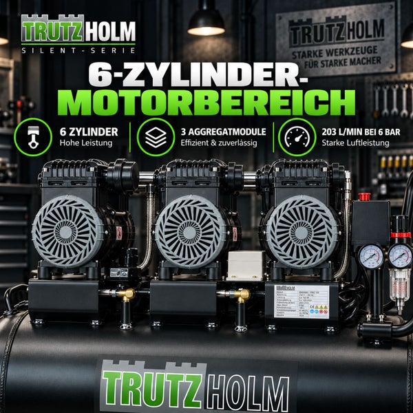 Trutzholm Kompressor Silent Serie mit sechs Zylindern drei Aggregatmodulen und zweihundertdrei Liter pro Minute Luftleistung bei sechs Bar Druck