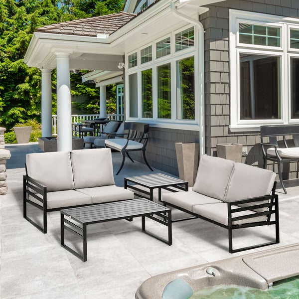 Outsunny 4-tlg. Gartenmöbel-Set, Gartenlounge-Set mit Sitzkissen, zwei Doppelsofas, 128L x 79B x 76,5H cm, Stahl, Hellgrau+Schwarz