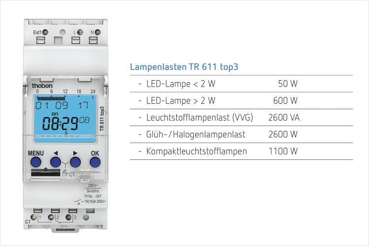 Theben 6110130 TR 611 top3 - Digitale 1-Kanal Zeitschaltuhr mit externem Eingang und App-Programmierung, perfekt für LEDs, Zeitschalter