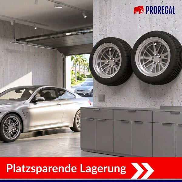 Proregal Wandhalterung zur platzsparenden Reifenlagerung in einer Garage mit Auto und Lagerschrank.
