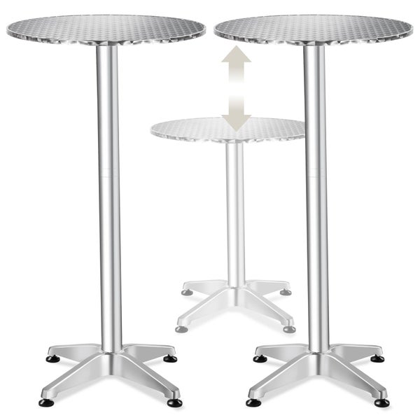 Höhenverstellbarer Bistrotisch aus Aluminium mit runder Tischplatte und Kreuzfuß, Darstellung verschiedener Höheneinstellungen.