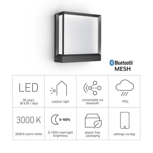 Quadratische LED-Außenleuchte mit Bluetooth-Funktion und Produktsiegeln