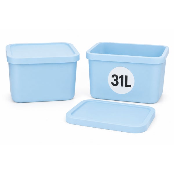 Zwei Kunststoff Aufbewahrungsboxen mit Deckel mit einem Fassungsvermögen von 31 Litern für Ordnung und Organisation im Haushalt.
