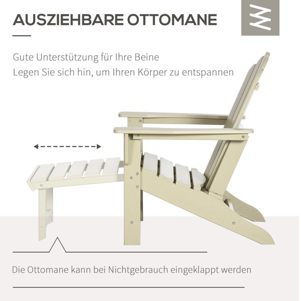 Outsunny Adirondack-Gartenstuhl mit Beistelltisch, Gartenliege mit Fußhocker, Terrassenstuhl mit Armlehne, Balkonstuhl, HDPE, Sand