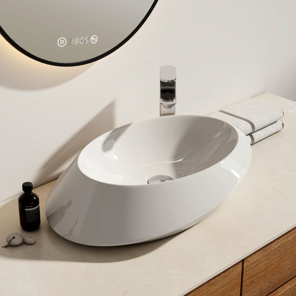 EMKE Aufsatzwaschbecken 600 × 450 mm, Ovales Design-Waschbecken, Keramik, asymmetrisch, glänzend Weiß, Handwaschbecken für Badezimmer, Höhe 145 mm