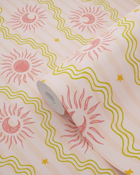 Tapetenrolle mit Sonne, Sternen und wellenförmigen Linien Muster