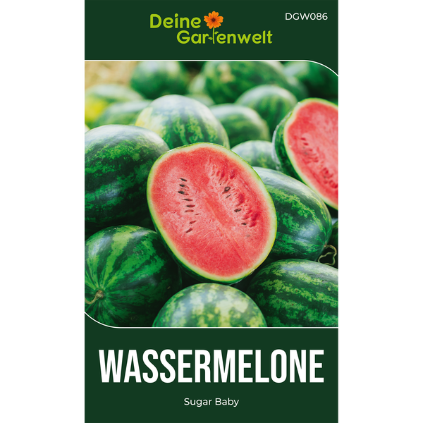 Deine Gartenwelt Logo, Saatgut für Wassermelone Sugar Baby mit Abbildung von reifen, aufgeschnittenen Früchten mit rotem Fruchtfleisch.