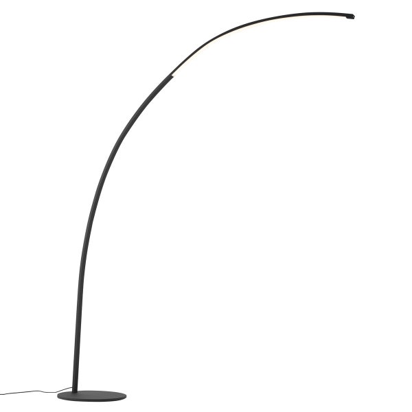 Schwarze LED Bogenlampe mit flachem, rundem Fuß und integriertem Leuchtmittel im gebogenen Arm.