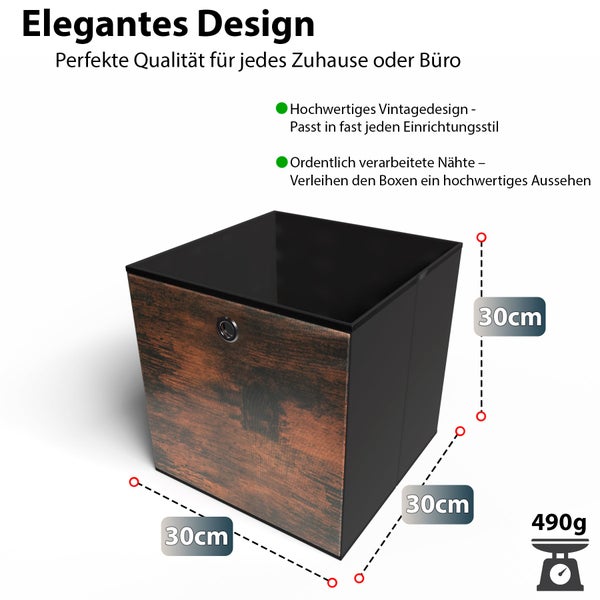 Quadratische Aufbewahrungsbox im Vintagedesign mit Maßen von 30 mal 30 mal 30 Zentimetern und einem Gewicht von 490 Gramm.