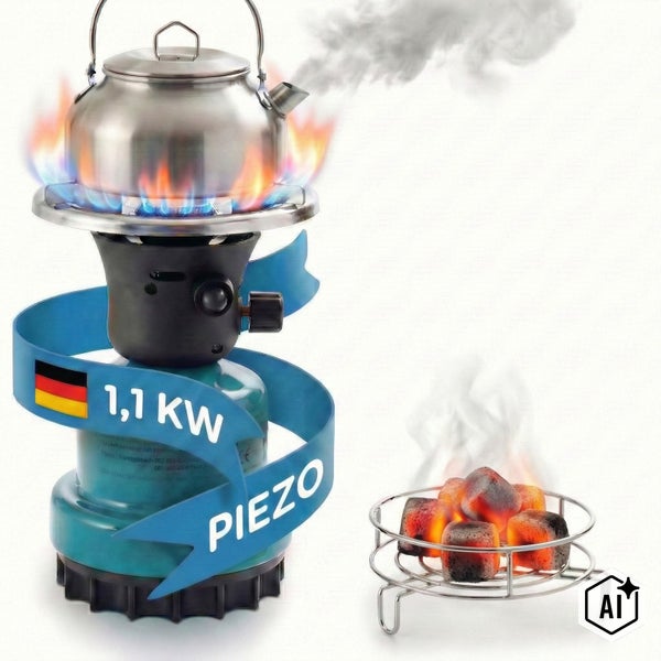Campingkocher mit 1,1 Kilowatt Leistung, Piezozündung und einem Wasserkessel aus Edelstahl, daneben ein kleiner Grillrost mit glühenden Kohlen.