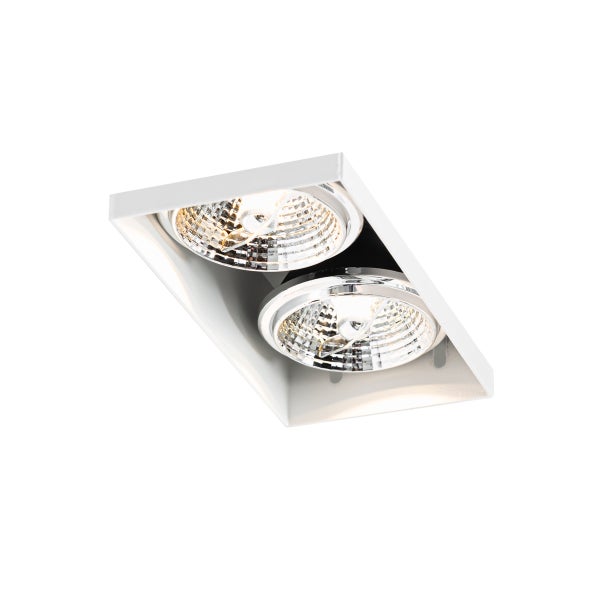 Zweiflammiger Einbaustrahler mit rechteckigem Rahmen und zwei runden Reflektoren.