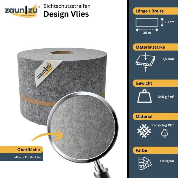 Zaun zu Sichtschutzstreifen Design Vlies, Länge 35 Meter, Breite 19 Zentimeter, Materialstärke 1,5 Millimeter, Gewicht 340 Gramm pro Quadratmeter, Material recyceltes PET, Farbe Hellgrau