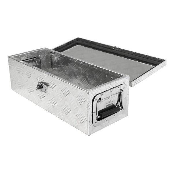 Offene Aluminiumbox aus Riffelblech mit seitlichem Tragegriff und vorderem Verschluss von ProRegal.