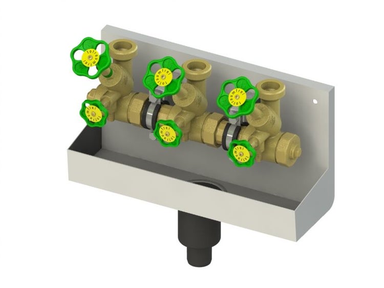 Probenahmeschrank aus Edelstahl mit sechs Auslaufventilen aus Messing und integrierter Auffangwanne.