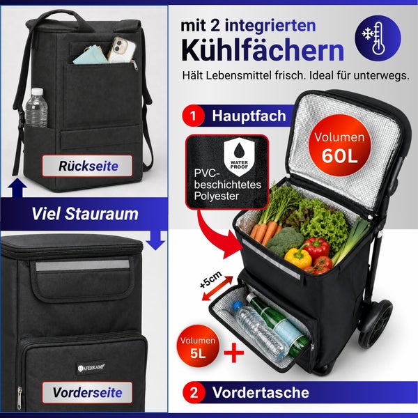 Einkaufstrolley mit Kühlfunktion, 60 Liter Hauptfach, 5 Liter Vordertasche, wasserabweisend und als Rucksack tragbar.