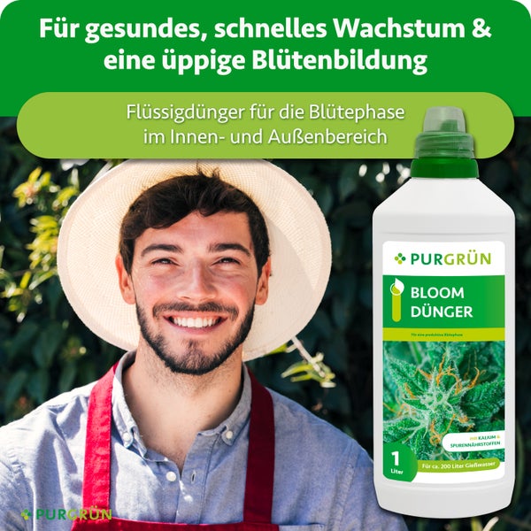 Eine Flasche Purgrün Bloom Dünger Flüssigdünger für die Blütephase von Pflanzen in Haus und Garten mit einem lächelnden Gärtner im Hintergrund